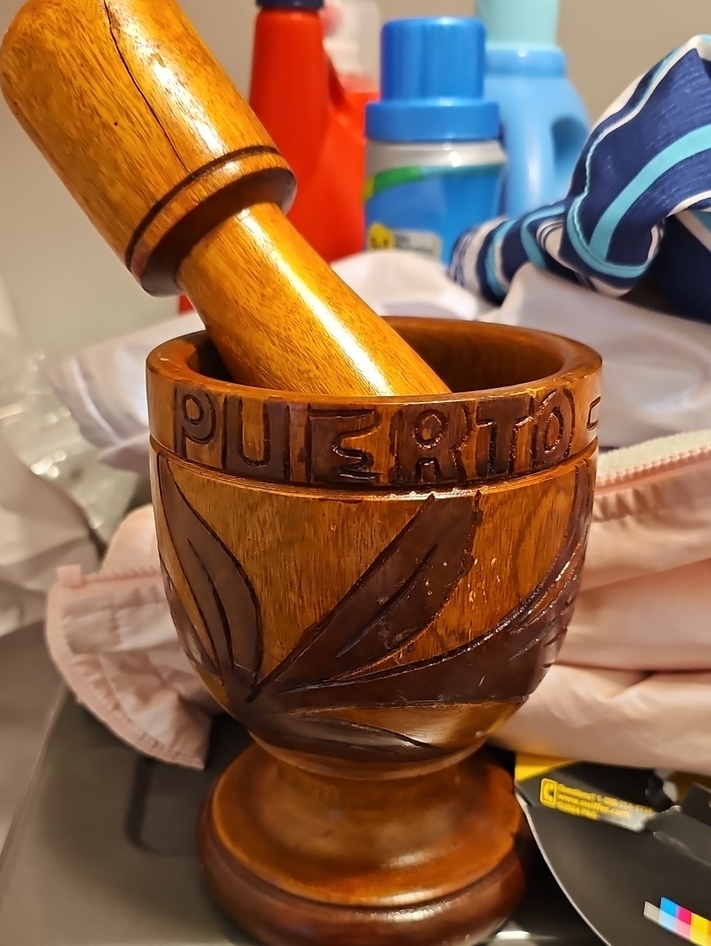 Hand-Carved Wooden Mortar & Pestle with 'PUERTO-RICO' Detail